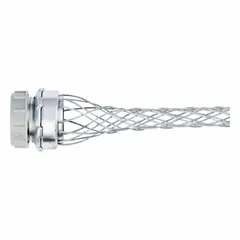 Straight cord grip with aluminum body and galvanized steel mesh external strain relief. Connects via 3/4 in NPT to junction boxes or equipment. Accommodates cord diameters from 0.52 in to 0.73 in. Used to secure cables and prevent pull-out from tension or vibration in industrial wiring and control panels.