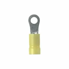 Vinyl-insulated ring terminal for #10 stud size, rated 600 V. Features funnel entry for wire insertion. Used for terminating wires in control panels, power distribution, and grounding applications.