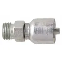 Steel straight hydraulic crimp fitting with male x genderless configuration. Features M12-1.5 metric thread and crimp connection for -4 hose dash size. Used in hydraulic systems to connect metric-threaded ports to hose assemblies