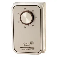 Single-stage heat-only analog thermostat with exposed dial control. SPST switch opens on temperature rise. Operates on 24 to 277V AC with a temperature control range of 40° to 75°F. Suitable for line-voltage heating systems in commercial or industrial spaces.