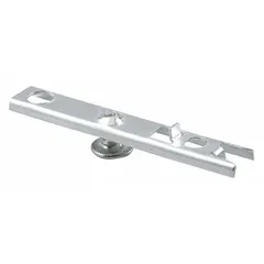 This hanging door pivot bracket measures 3-3/4 inches in height and 5/8 inches in width. It is used to support and guide closet doors in residential or light commercial applications, ensuring proper door alignment and operation.