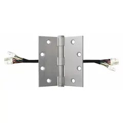 Steel electrified butt hinge with 4 1/2 in leaf height and 4 1/2 in leaf width. Used to transmit power and data through the door frame for access control systems, eliminating visible wiring. Suitable for commercial and institutional applications requiring secure automated door operation.