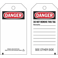 Black pre-printed Danger header tags with cable tie fasteners, supplied in a pack of 10. Used for hazard identification on equipment, pipes, or machinery in industrial settings.