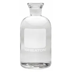 This 300 mL glass bottle is designed for biochemical oxygen demand (BOD) testing in water and wastewater analysis. It features a colorless body, wide mouth, and stopper closure, with a height of 143 mm. The bottle is un-numbered and meets USP standards.