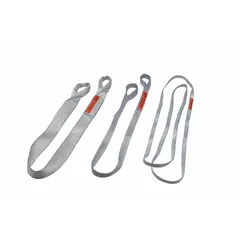 This LIFT-ALL web sling is a Type 3 protected-edge polyester flat-eye sling with a 12 ft sling length and 12 in eye length, constructed of 1 ply. It features a silver/blue color and a standard tag for identification. Suitable for lifting and rigging loads in industrial settings, the flat-eye design and protected edges help distribute weight evenly and reduce wear during overhead lifts.