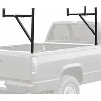 Adjustable steel ladder rack for vehicle mounting. Black finish. Width adjustable from 19-1/4 in to 34 in, height 35 in, length 1-1/2 in. Used for securing ladders during transport on work trucks