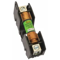 Single-pole open block design fuse holder for UL Class RK1 and RK5 fuses. Rated 250 V AC with pressure plate terminals and non-indicating construction. Used in industrial control panels, motor protection circuits, and power distribution systems to mount and connect fuses.
