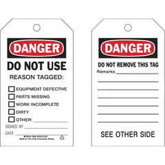 White write-on surface lockout/tagout tags with black/red/white danger messaging. Each tag includes pre-printed fields for reason (equipment defective, parts missing, work incomplete, dirty, other), signed by, and date. Fastened with a cable tie. Supplied in a 10-pack. Used to mark equipment as hazardous during maintenance or repair.