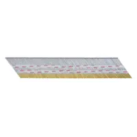 Collated brad nails for finish work. 2-1/2 inch length, smooth shank, steel, plain finish. Conical point. 3,000 nails per pack. Suitable for trim, cabinetry, and molding applications