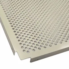 This perforated steel decking shelf kit is designed for use with boltless shelving systems. The shelf features a flanged four-sided configuration and a gray powder-coated finish on both the decking and frame. It is commonly used in warehouses, industrial storage, and retail environments to organize and display items while allowing airflow and visibility through the holey decking.