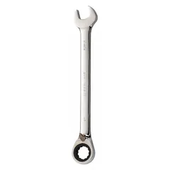 This 1-inch SAE 12-point ratcheting combination wrench features a chrome finish and an offset design. The 13-inch overall length provides leverage, while the ratcheting box end allows continuous fastening without repositioning. Suitable for tightening and loosening fasteners in confined spaces.