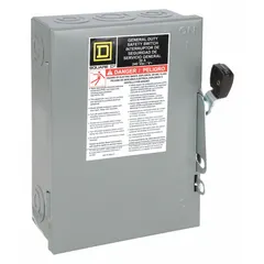 Fusible safety switch rated 30 A, single phase, 240V AC. Galvanized steel enclosure for indoor use. Provides a disconnecting means and overcurrent protection for branch circuits in commercial and light industrial applications.