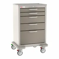 Steel supply cart with a taupe cabinet and dark tan drawers. Configured with (2) swivel and (2) swivel with brake casters for maneuverability and stability. Suitable for organizing and transporting medical supplies in healthcare settings