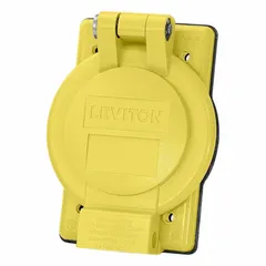 Hinged cover for electrical inlet and outlet connections. Provides protection against moisture, dust, and debris in industrial environments. Suitable for use with receptacles in factories, warehouses, and outdoor equipment.