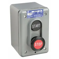 Push-button control station with one flush push button and one mushroom head push button, both black with Start/Stop legend. Features 1NO/1NC contacts and no pilot lights. Suitable for oil- and dust-tight environments in industrial control applications.