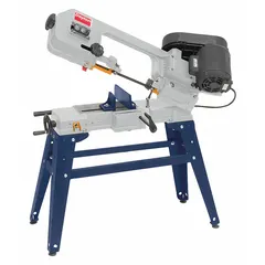 This mitering manual horizontal band saw has a 5-1/2 in x 6-1/2 in capacity and can cut at angles up to 45°. It offers three blade speeds: 80, 120, and 200 SFPM. Powered by a 1-phase, 115/230V AC motor, it is suited for cutting metal stock such as pipes, bars, and structural shapes in fabrication and maintenance applications.