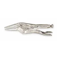 Lever-operated long-nose locking pliers with plain grip. 2 in jaw length and 2 in maximum jaw opening. Overall length 6 in. Used for clamping and gripping in confined spaces where a narrow jaw profile is required