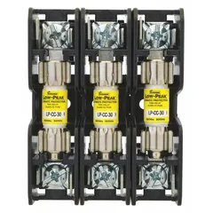 3-pole open-block fuse holder for UL Class CC fuses rated 600 V AC. Features quick-connect/screw terminals and non-indicating design. Used in industrial control panels, motor protection circuits, and branch-circuit overcurrent protection.