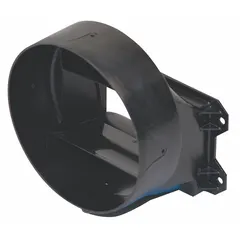 Polypropylene round duct connector for bathroom exhaust fans. Includes backdraft damper to prevent outside air entry when fan is off. Compatible with models 3DPE5, 3DPE7, 3DPE8, 5AE70, and 5AE71. Used to connect ductwork to fan housing.