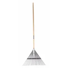 This standard leaf rake features a spring brace head style and a steel head for gathering leaves and light yard debris. The wood handle measures 54 inches in length. Suitable for general lawn maintenance and yard cleanup tasks.
