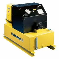 This stationary electric hydraulic pump unit operates on 460V AC with a maximum horsepower of 12 1/2 hp. It delivers a maximum flow rate of 2 gpm and features a 3-position control. Typical applications include powering hydraulic cylinders for lifting, pressing, and clamping in industrial maintenance and production environments.
