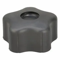 This five-arm knob features a plastic body with a steel thread insert for durable threading. It has a 2 in diameter and a 3/8"-16 thread size. Commonly used for manual clamping, positioning, and adjustment on industrial machinery, jigs, and fixtures.