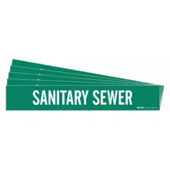 Green pipe marker with white legend reading 'Sanitary Sewer' for identifying sewer lines. Fits pipe outer diameters of 8 inches and larger. Pack of 5 markers without arrows. Suitable for use in industrial, municipal, and water treatment facilities.