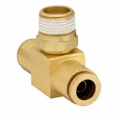 Brass push-fit tee adapter with three 3/8 in OD ports for air brake and pneumatic systems. No special tools required for installation. Corrosion-resistant brass construction suitable for branch connections in compressed-air networks.