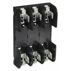 This 3-pole fuse block is designed for UL Class H and K fuses, rated 600 V AC. It features an open block design with box lug terminals for secure wire connections. The non-indicating type does not include a blown-fuse indicator. Suitable for use in industrial power distribution, motor control centers, and panelboards.