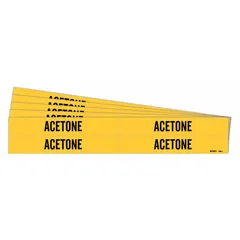 Yellow adhesive pipe marker with black legend reading 'Acetone', designed for pipes with outer diameter from 3/4 to 2-3/8 inches. Each pack contains 4 markers without directional arrows. Suitable for identifying pipes carrying acetone in industrial piping systems.