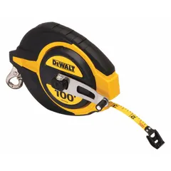 Closed-reel long tape measure with a 100 ft SAE steel blade featuring single-sided 1/8 in graduations. The nonmagnetic single hook tip and plastic case are suited for measuring distances in construction, surveying, and layout work.