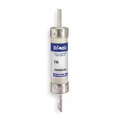 The MERSEN TR400R is a Class RK5 time-delay blade fuse rated 400 A at 250 V AC and 250 V DC. It is part of the TR-R Series and is non-indicating. This fuse provides overcurrent protection in industrial circuits, accommodating high inrush currents from motors, transformers, and lighting systems without nuisance opening.