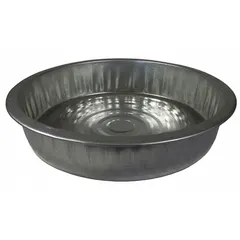 Steel drain pan with 13 qt capacity, silver finish. Overall diameter 17 1/4 in, overall length 17 1/4 in, overall height 3 3/4 in. Used to catch and contain fluids during equipment maintenance such as oil changes or coolant drains in workshops and plants.