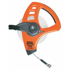 Manual open-reel long tape measure with a 200 ft fiberglass blade. Double-sided SAE/Engineers scale marked in 1/8 in increments. Nonmagnetic double hook at the hook end. Plastic case. Used for measuring long distances in construction, surveying, and industrial layout work.