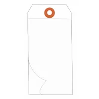 White vinyl plain shipping tag with self-laminating design. Each tag measures 4-3/4 inches high by 2-3/8 inches wide. Supplied in packs of 100. Used for labeling packages, equipment, or inventory in industrial environments; the self-laminating layer protects information from moisture, dirt, and abrasion during transport or storage