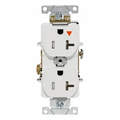 This isolated ground duplex receptacle is rated 125V AC and 20 A with a 5-20 configuration. The white finish suits standard commercial installations. It is used in environments requiring reduced electrical noise for sensitive equipment, such as data centers and laboratories.