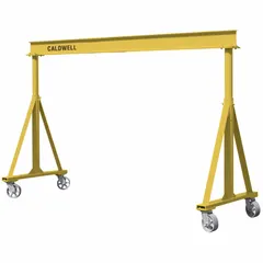 This fixed-height gantry crane is constructed from steel with an 11 ft span and a 4,000 lb load capacity. It features non-rotating legs and is designed for mobility under load, suitable for lifting and moving heavy equipment in industrial settings such as factories and warehouses.