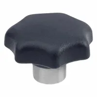This 7-arm knob features a plastic body with a stainless steel M6 threaded insert. It is designed for manual adjustment, clamping, and positioning on industrial machinery, providing a corrosion-resistant grip for frequent hand-tightening in assembly, jig, and fixture applications