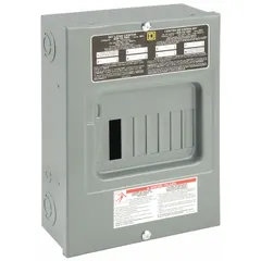 Main lug load center rated 100 A, 1-phase, 120/240V AC with 10kA short-circuit current rating. Provides 6 spaces and supports up to 6 tandem breakers. Includes surface cover for indoor use. Suitable for branch circuit protection in electrical distribution systems.