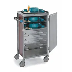 This stainless steel food tray cart from LAKESIDE is a non-pass-through model with a single walnut door and six-tray capacity. It is mounted on four swivel casters for maneuverability and has an overall height of 46 7/8 inches. NSF certified, it is suited for transporting and serving meals in institutional settings such as hospitals, hotels, and cafeterias.