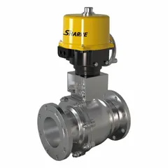 Two-way ball valve with electric actuator for on/off flow control of liquids and gases in industrial piping systems. Constructed of CF8M stainless steel with flange x flange connections. Actuator operates at 120V with internally fused/automatic reset function and ISO 5211 mounting pad.