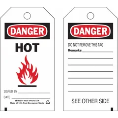 White cable tie tags printed in English with black/red/white danger/hot messaging and a 'Signed By: Date:' field. Supplied in a 10-pack. Used for identifying hot surfaces or hazardous energy sources in lockout/tagout procedures.