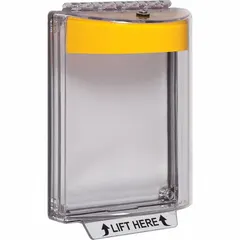 Clear polycarbonate wall-fixture guard for indoor use with emergency buttons. Flush-mount design with IP56 water resistance. Includes mounting hardware and LIFT HERE legend. Overall depth 2 11/16 in.