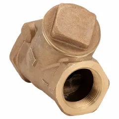 This bronze Y-style swing check valve has a 1-1/4 in pipe size with FNPT x FNPT NPT connections. It prevents backflow in piping systems by allowing flow in one direction and closing automatically when flow reverses. Suitable for water, oil, and gas lines in industrial applications.