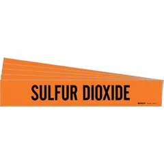 Orange adhesive pipe marker with black legend reading 'Sulfur Dioxide'. Fits pipe outer diameters from 2-1/2 to 7-7/8 inches. Pack of 5 markers without directional arrows. Used to identify pipes carrying sulfur dioxide in industrial facilities.