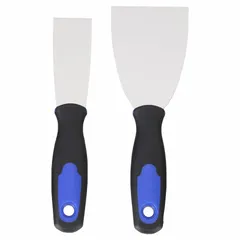 This 2-piece set includes putty knives and scrapers with carbon steel blades for applying and smoothing putty, filler, or adhesive, and for scraping paint, residue, or old caulk from surfaces. The plastic handles feature rubber grips for comfortable, non-slip control. Suitable for general maintenance, painting preparation, and light renovation tasks.