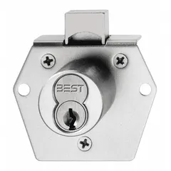 This deadbolt lock is designed for cabinet and drawer applications requiring interchangeable cores. It features a vertical diamond SFIC design with a 2 1/8 in body height and 1 7/8 in body width. The lock is keyed but does not include a key or core.