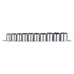 This 10-piece socket set includes 12-point metric sockets with a 1/2 in drive, covering sizes from 22 mm to 32 mm. The tether-ready design allows for attachment of a lanyard to prevent drops in elevated or confined workspaces. Suitable for tightening and loosening metric fasteners in industrial maintenance, automotive repair, and assembly applications.