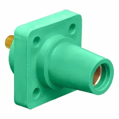 This LEVITON Series 16 single pole receptacle is a female device rated for 400 A. It features a straight taper nose mating configuration and threaded stud terminations for secure high-current connections. Typical applications include industrial power distribution, panel boards, and switchgear.