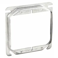 Steel plaster ring with raised cover design. Overall dimensions 4 by 4 inches with a 1/2-inch raised height. Used to extend electrical boxes to the surface of finished walls or ceilings for flush mounting of switches and receptacles.